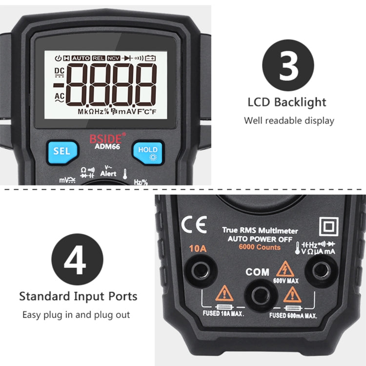 BSIDE ADM66 Handheld Household 6000 Count AC / DC Current Voltage Capacitor Automatic Range Multimeter with LCD Backlight & Card Slot Function