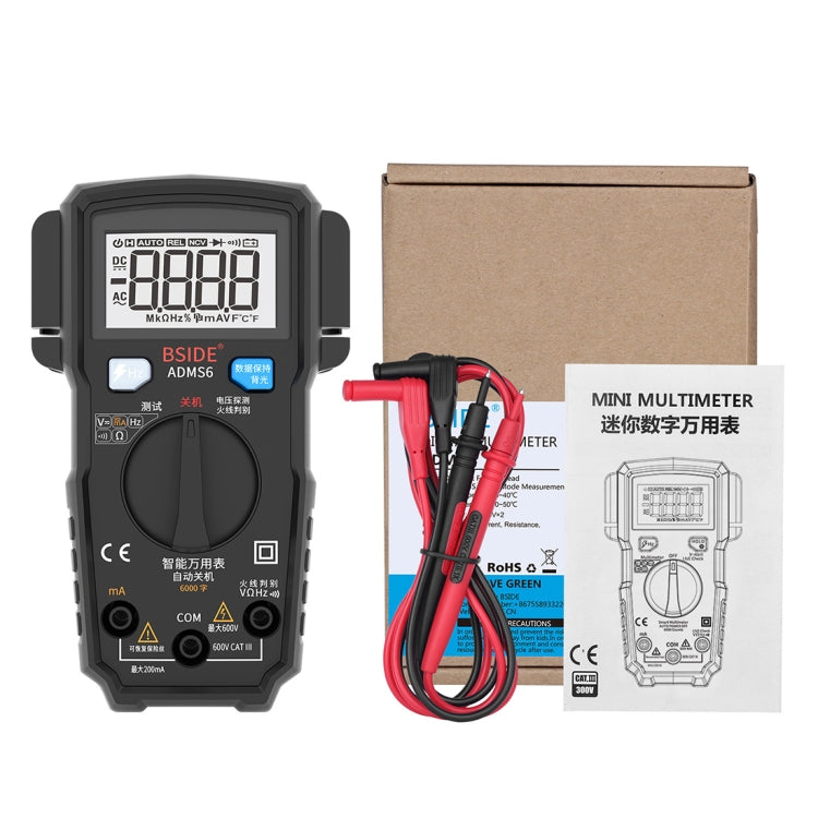 BSIDE ADMS6 High-precision Fully Automatic Small Digital Intelligent Multimeter with HD Digital Display & Shockproof Cover, Support Function Range Switch & Double-sided Pen Holder