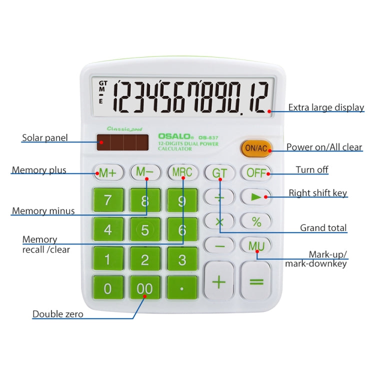 OSALO OS-837VC 12 Digits Colorful Desktop Calculator Solar Energy Dual Power Calculator(Orange)