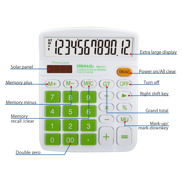 12 Digits Colorful Desktop Calculator Solar Energy Dual Power Calculator(Green)
