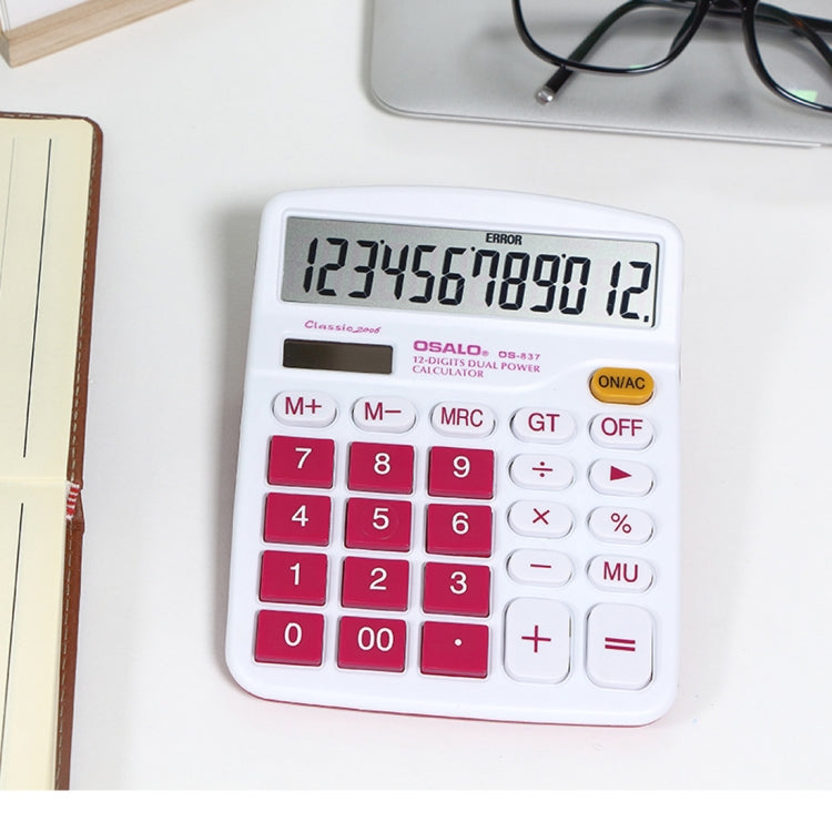 OSALO OS-837VC 12 Digits Colorful Desktop Calculator Solar Energy Dual Power Calculator(Rose Red)