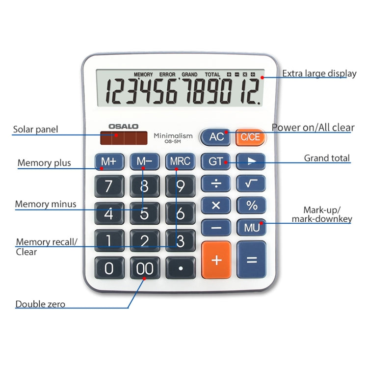 OSALO OS-5M 12 Digits Desktop Calculator Solar Energy Dual Power Calculator