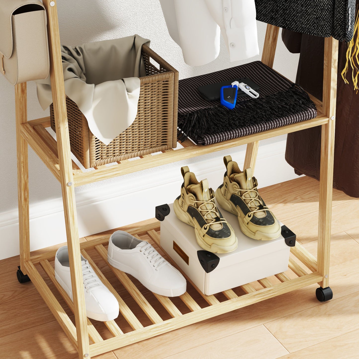 HOMCOM Bamboo Clothes Rail Rack with 2 Storage Shelves, Natural Wood Effect
