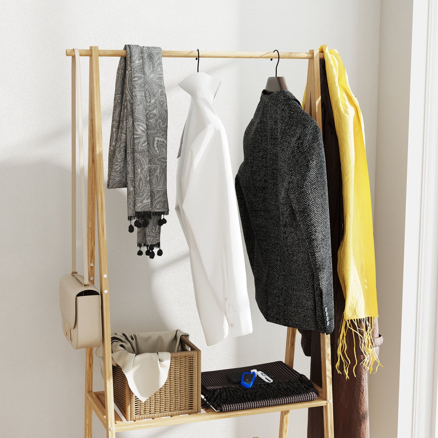 HOMCOM Bamboo Clothes Rail Rack with 2 Storage Shelves, Natural Wood Effect