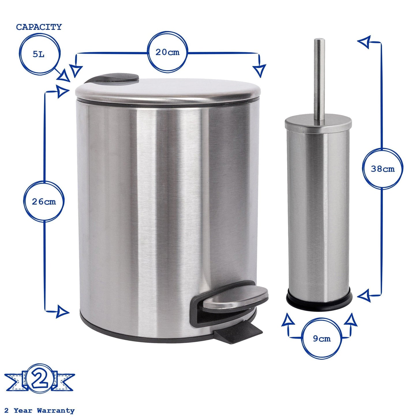 2pc 5L Black Round Stainless Steel Pedal Bin & Toilet Brush Set