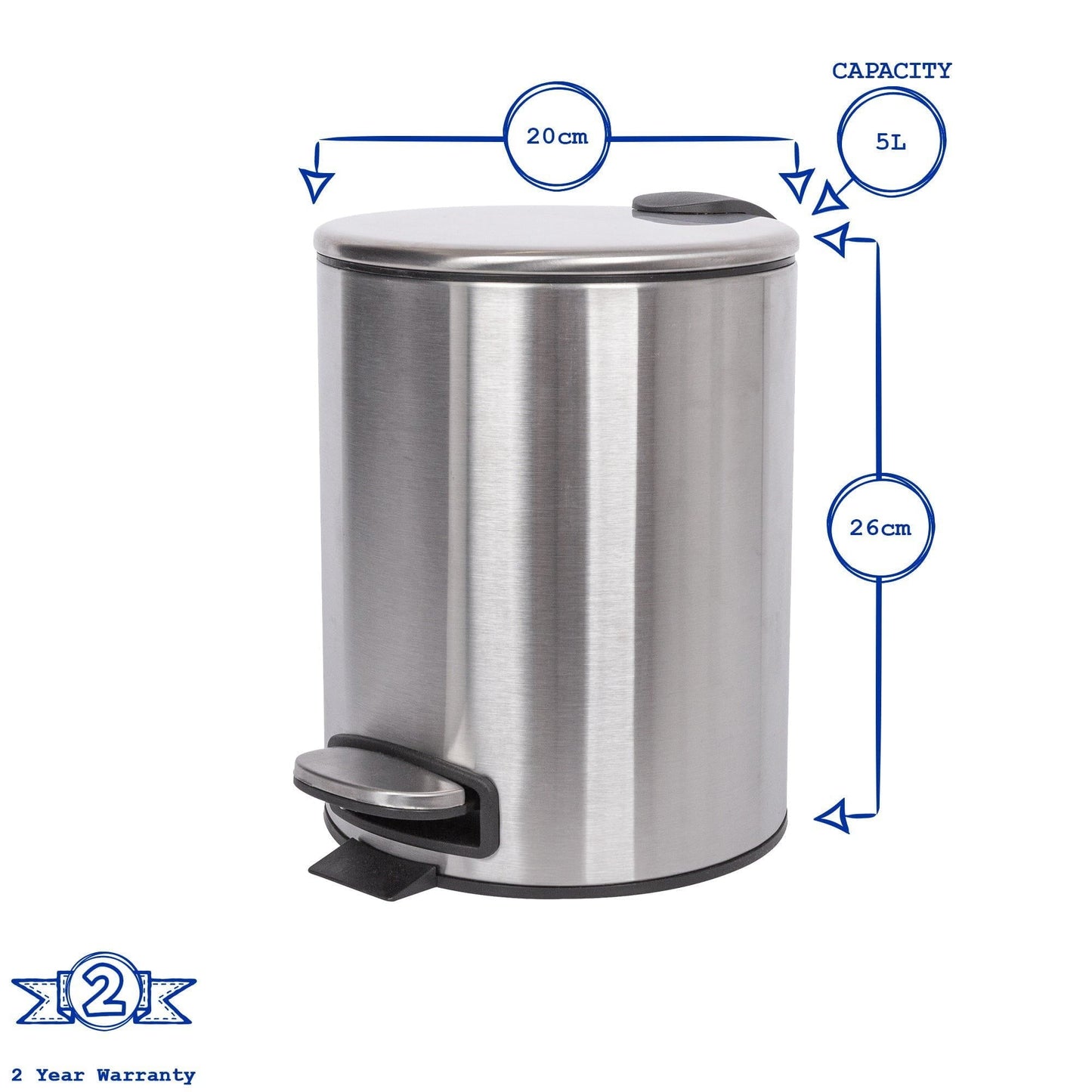 5L Black Round Stainless Steel Pedal Bin