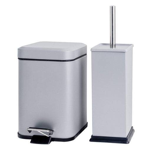 Matt Grey Square Toilet Brush & Bin Set