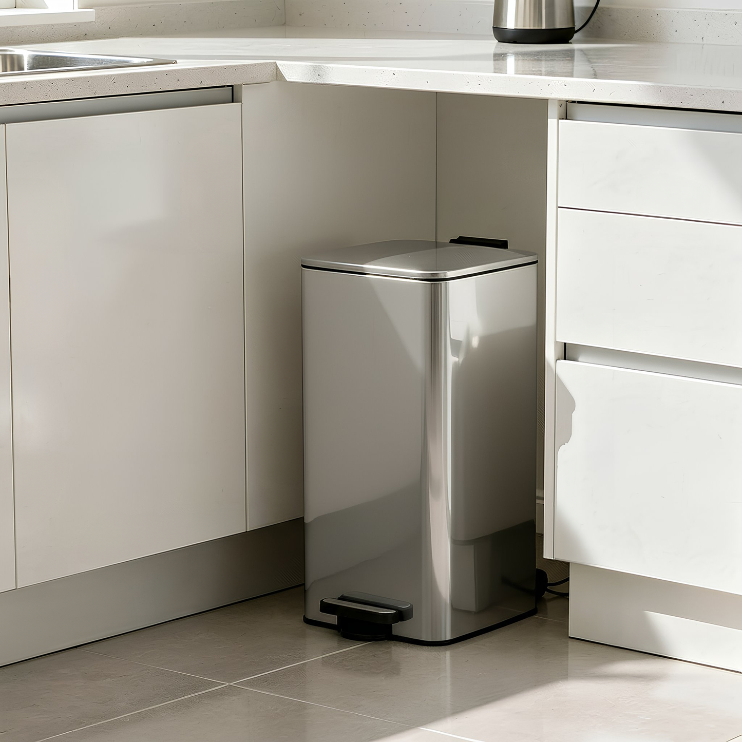 30L Square Stainless Steel Kitchen Pedal Bin