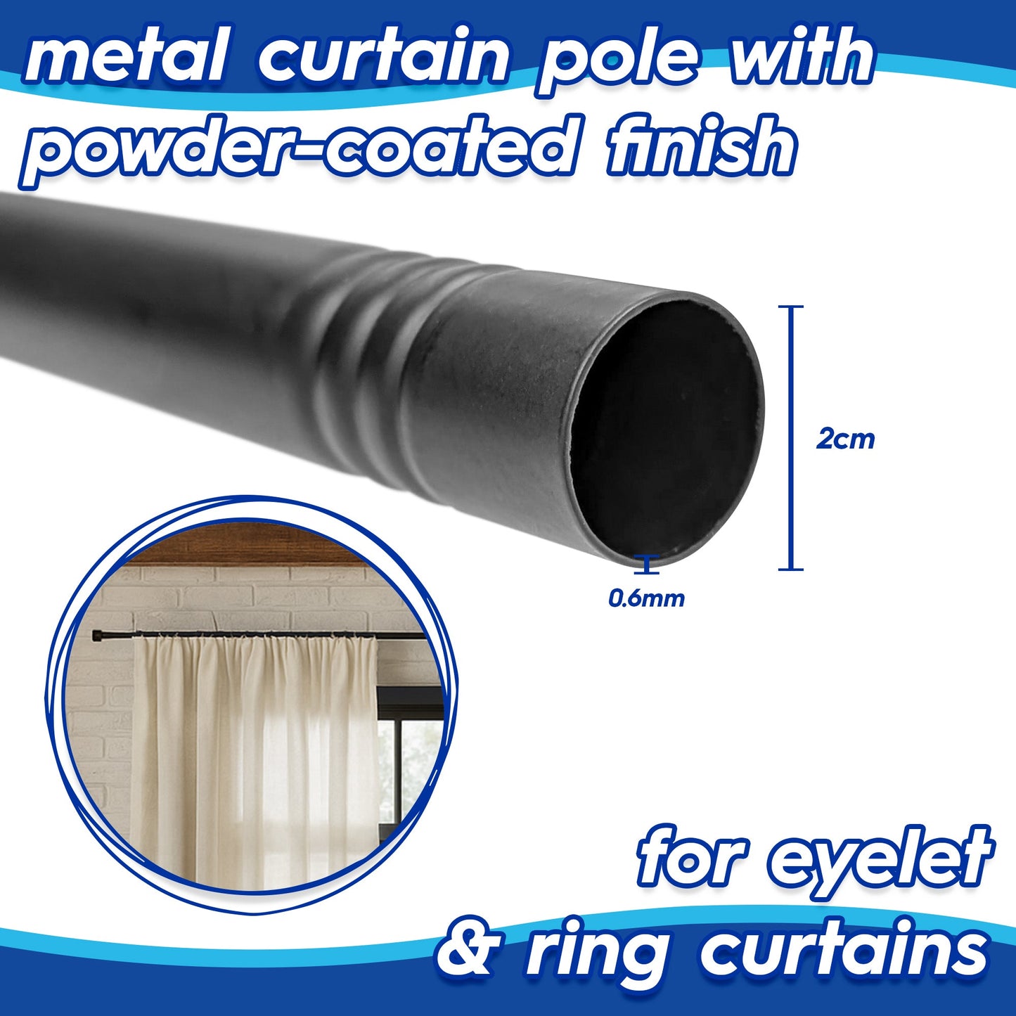 Extendable Metal Curtain Pole Kit - 83 to 120cm