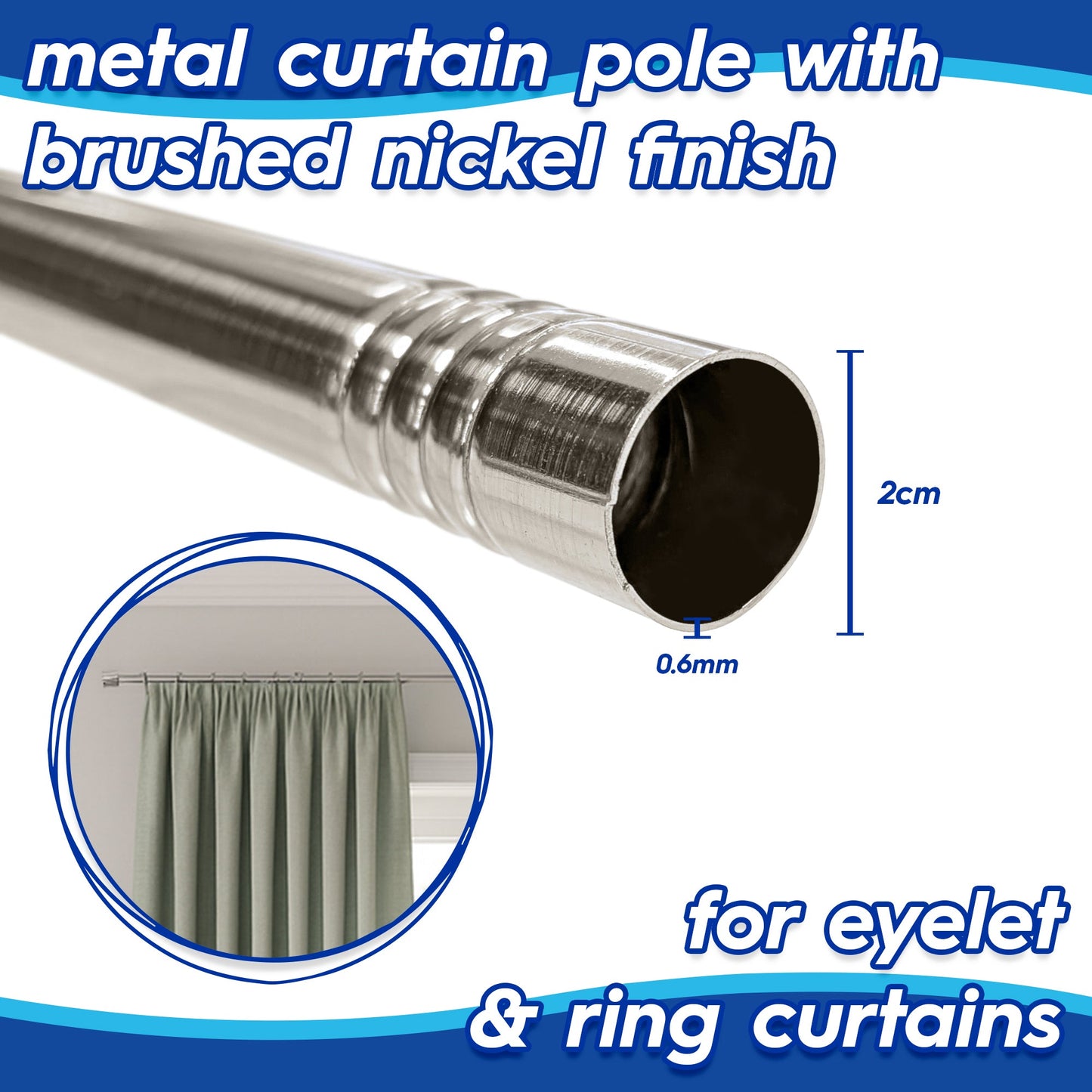 Extendable Metal Curtain Pole Kit - 77 to 250cm