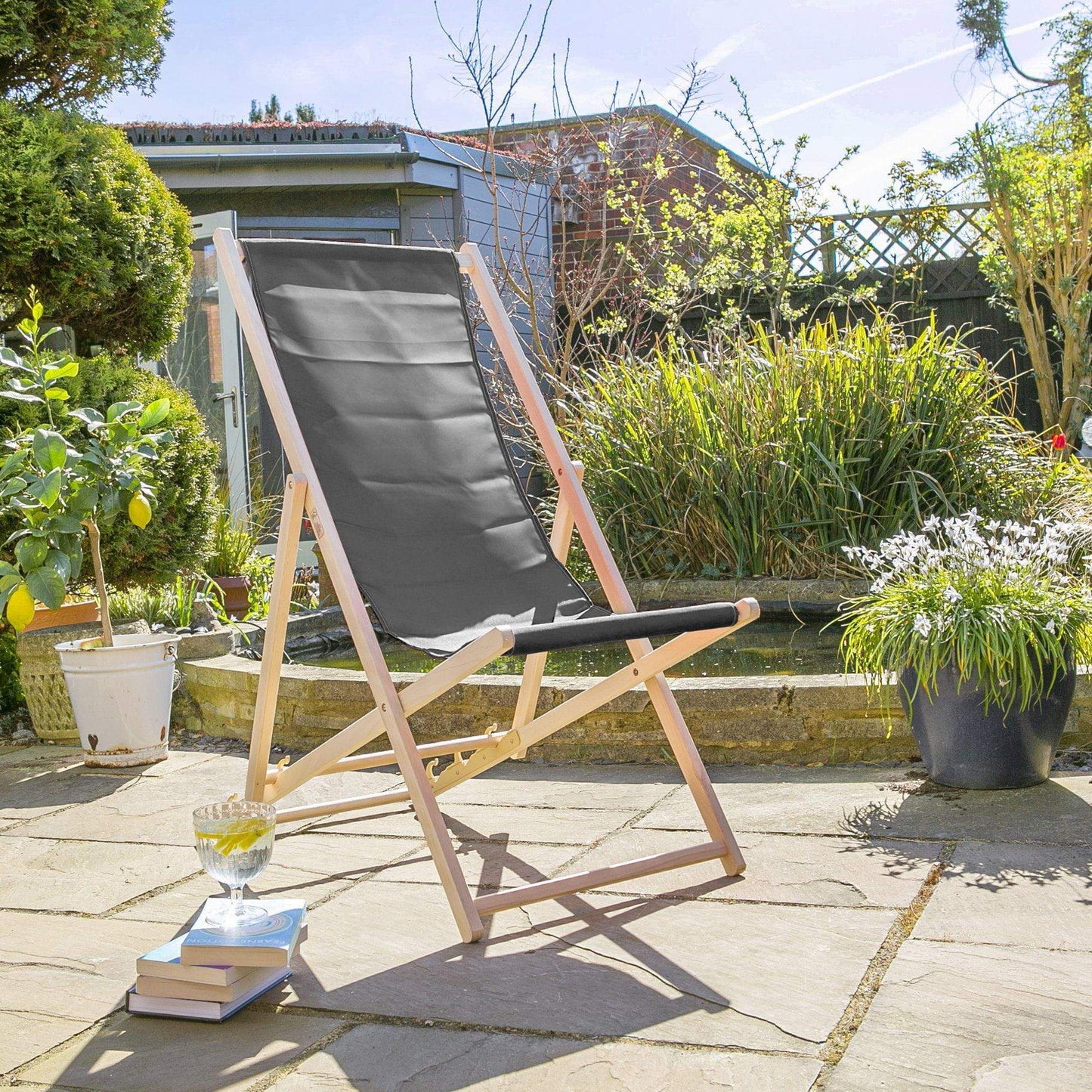 Black Folding Wooden Deck Chair