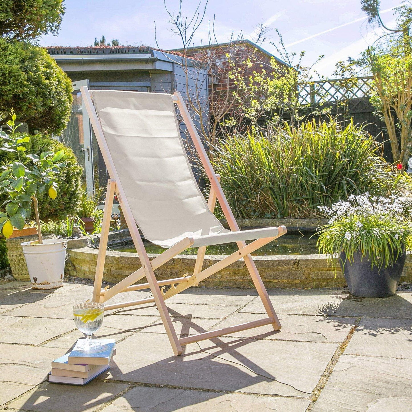 Cream Folding Wooden Deck Chair
