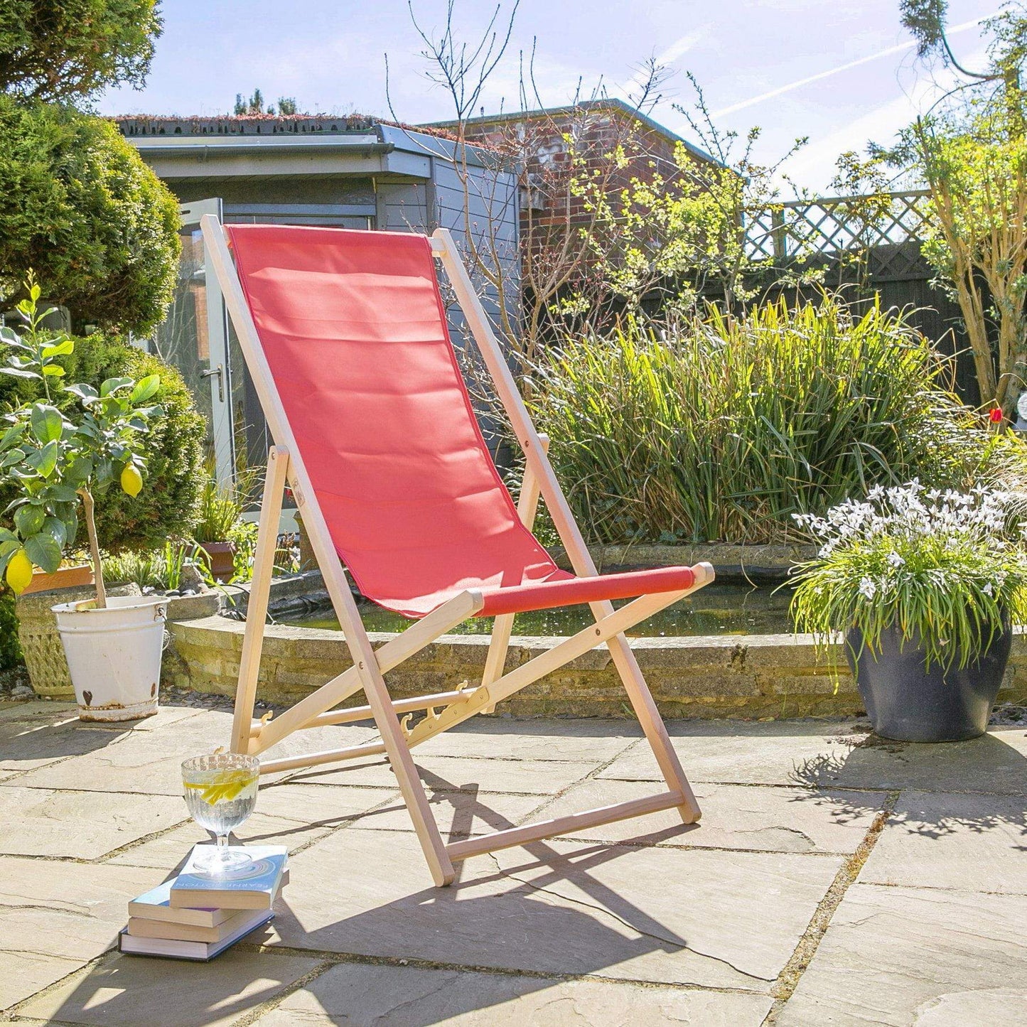 Red Folding Wooden Deck Chair