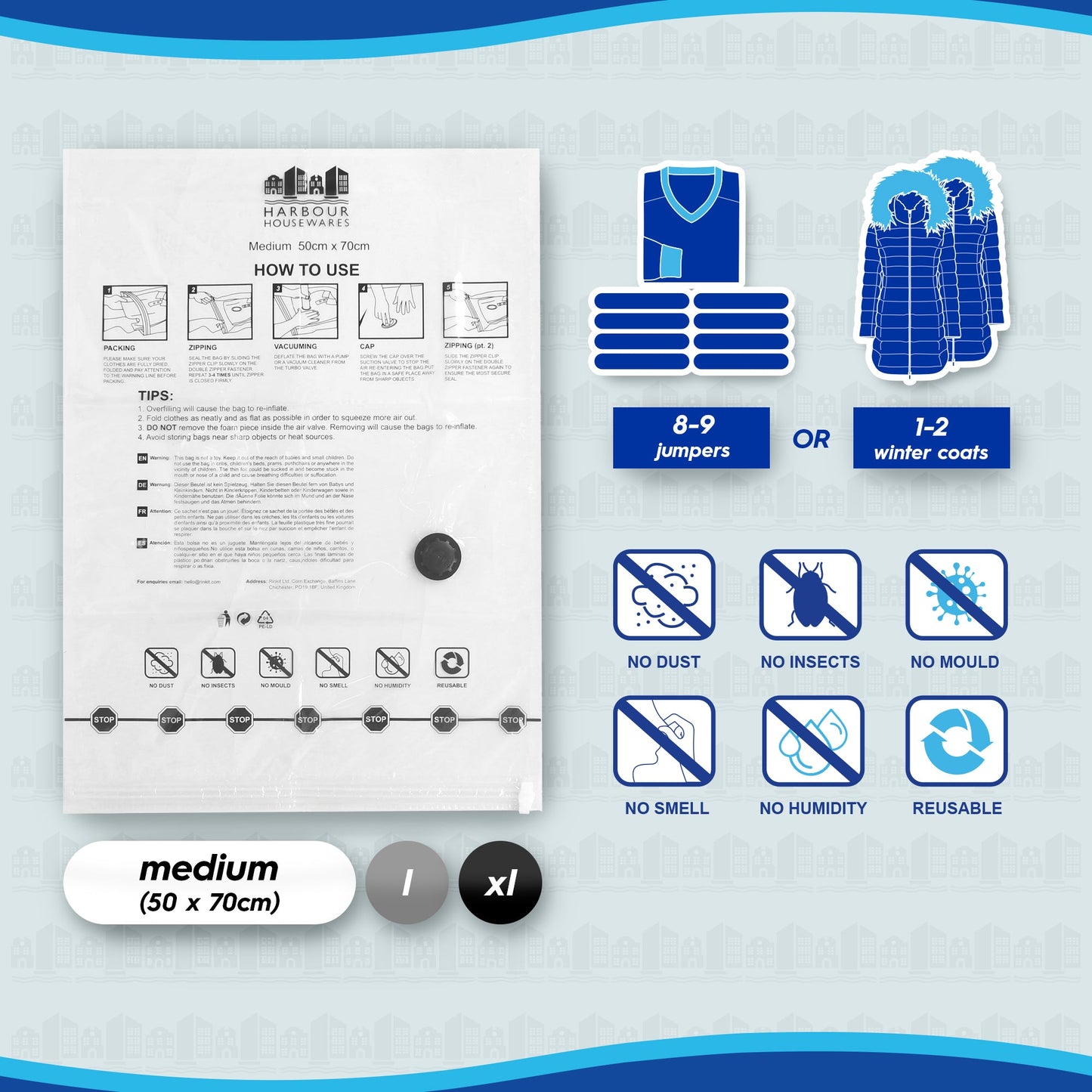 Vacuum Storage Bags with Hand Pump - Medium (50 x 70cm) - White - Pack of 5