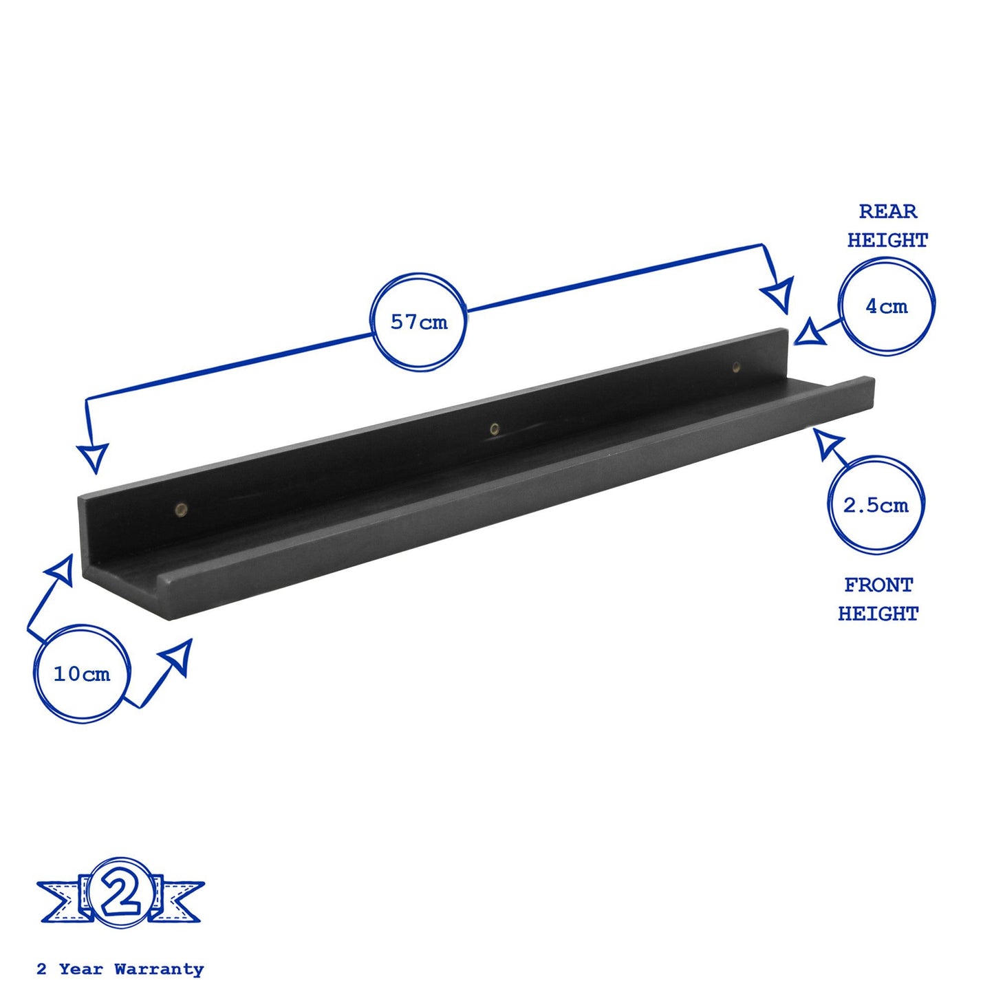 57cm Black Floating Picture Ledge Shelves - Pack of Two