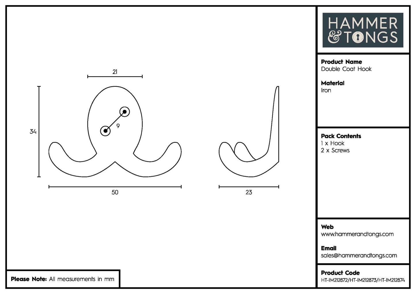 50mm x 35mm Raw Double Coat Hook
