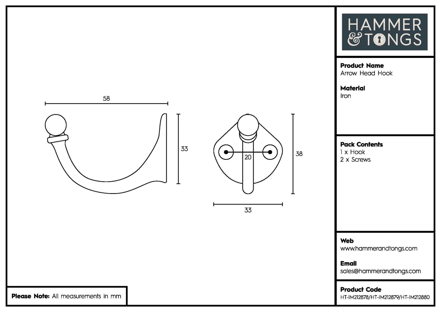35mm x 40mm Black Arrow Head Hook