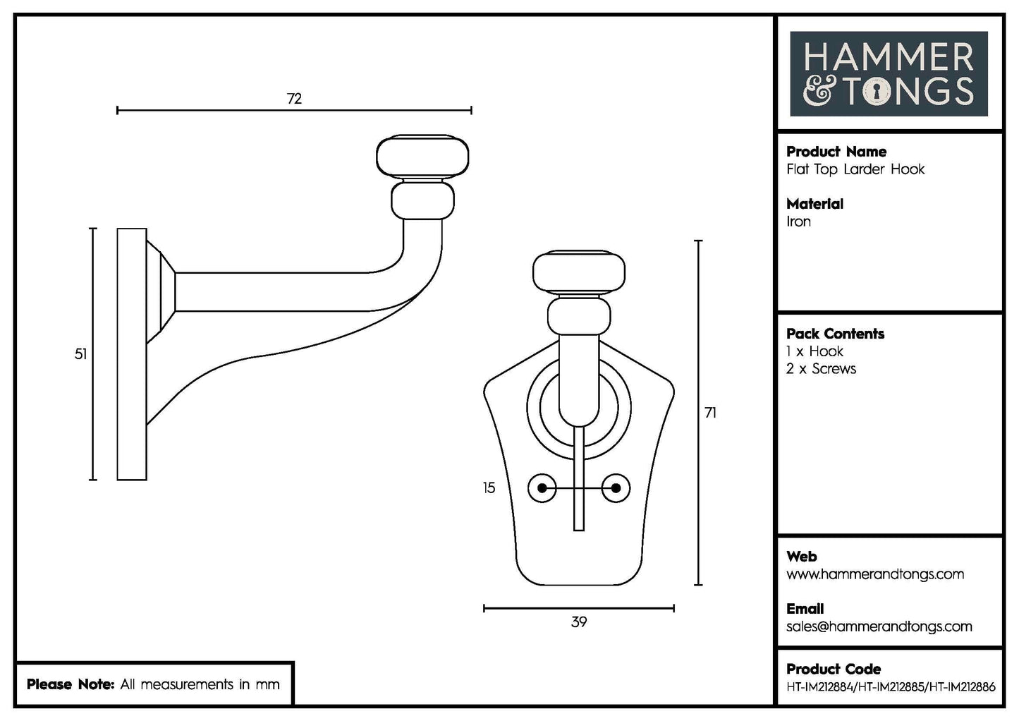 40mm x 70mm Black Flat Top Larder Hook