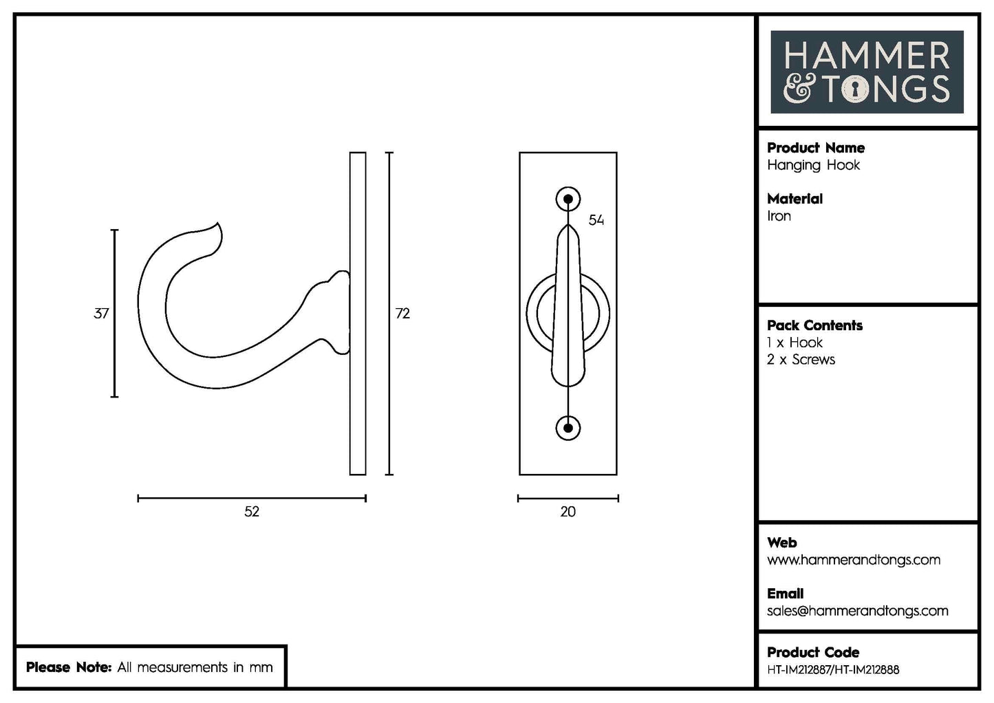 20mm x 70mm Black Hanging Hook