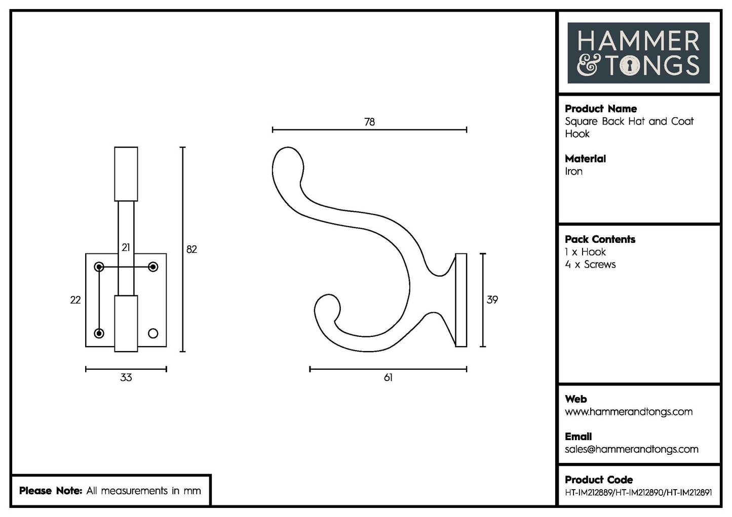 35mm x 80mm Brass Square Back Hat & Coat Hook