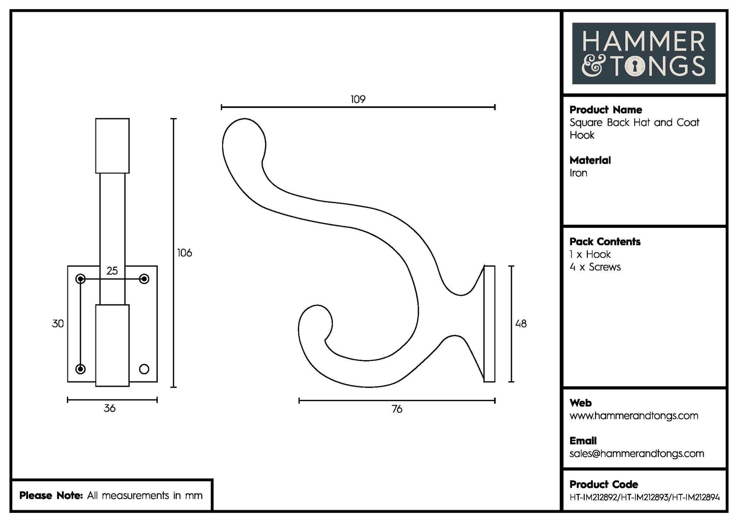 35mm x 105mm Black Square Back Hat & Coat Hook