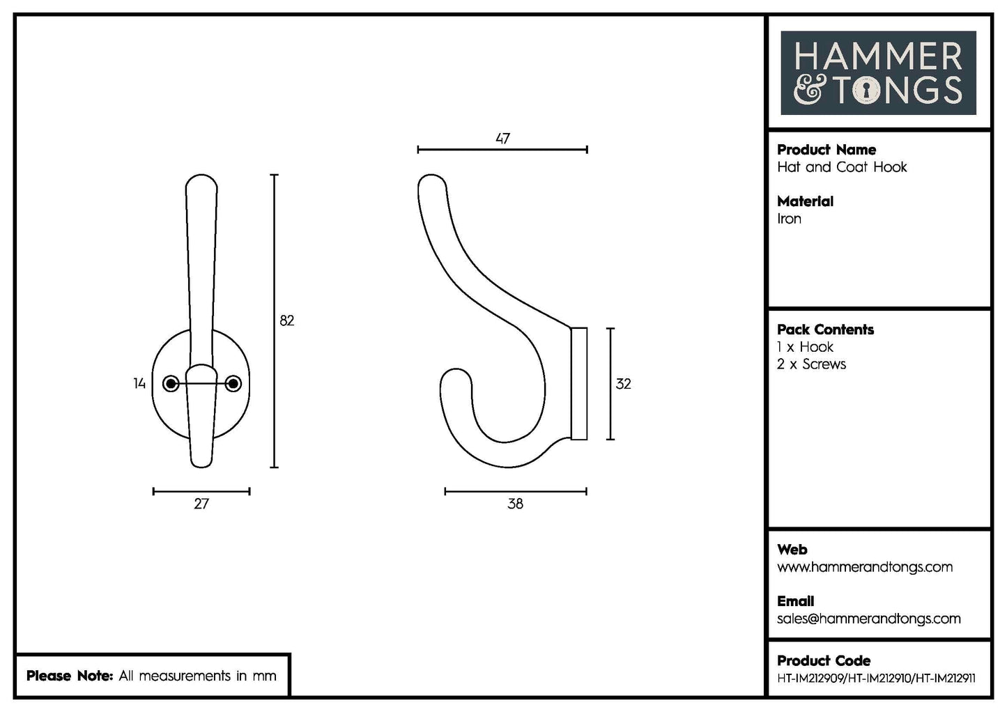 25mm x 80mm Brass Hat & Coat Hook
