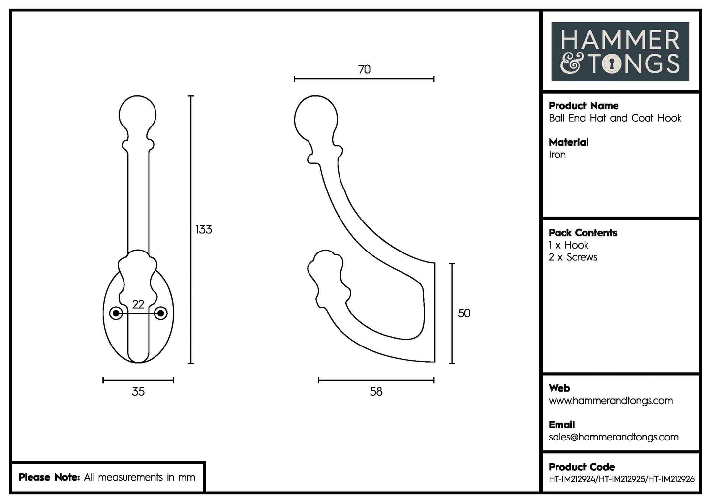 35mm x 135mm Brass Ball End Hat & Coat Hook