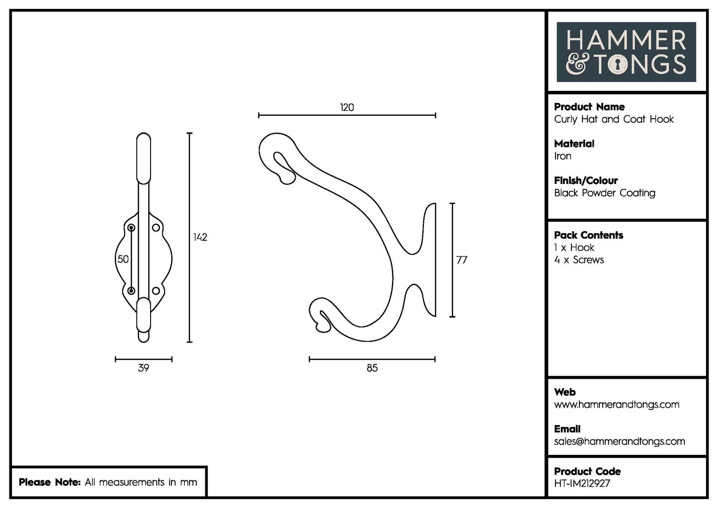 40mm x 140mm Black Curly Hat & Coat Hook