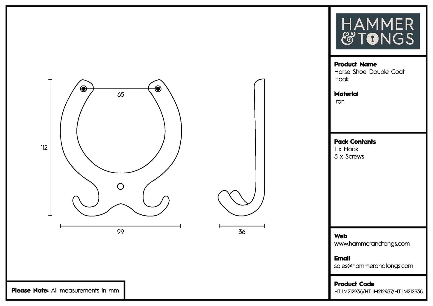100mm x 110mm Brass Horse Shoe Double Coat Hook