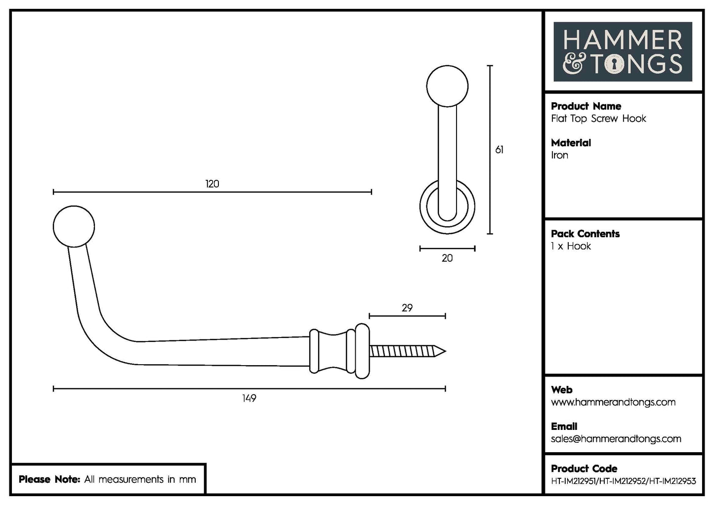 20mm x 60mm Brass Flat Top Screw Hook
