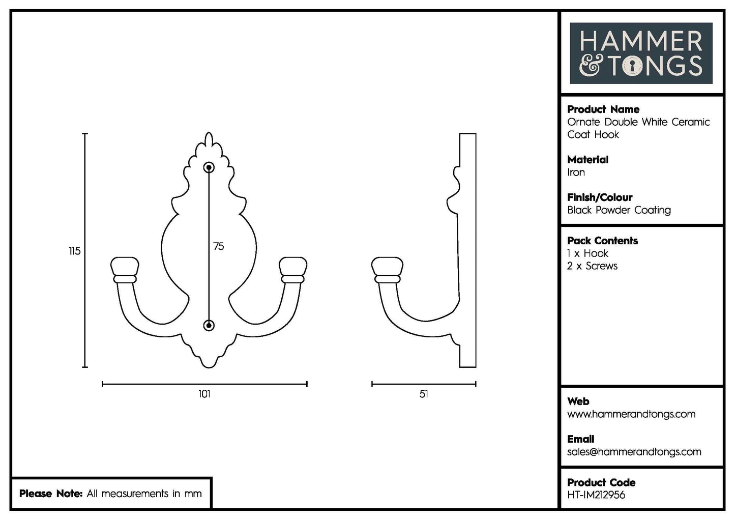 100mm x 115mm Black Ornate Double White Ceramic Coat Hook