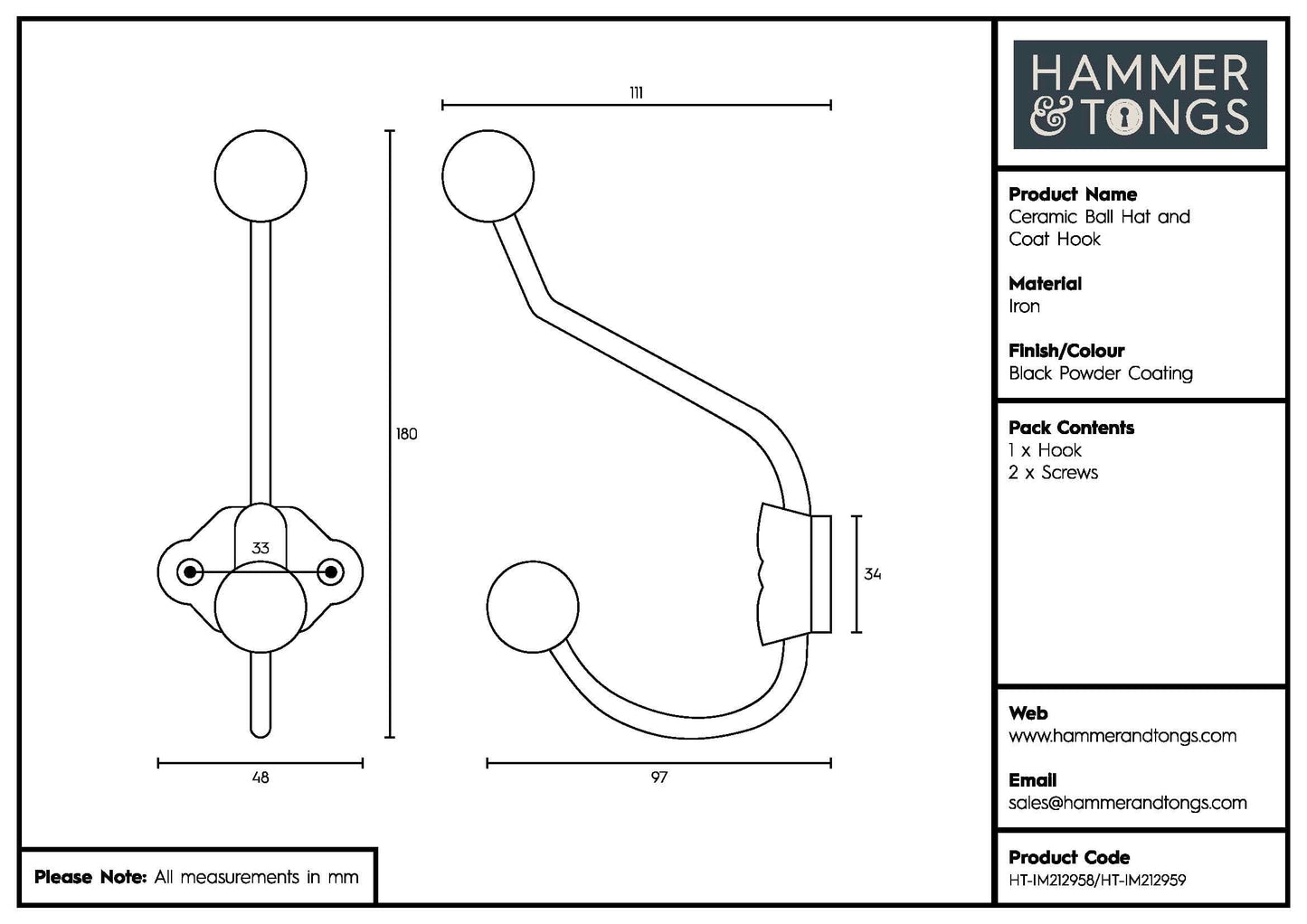50mm x 180mm Black Ceramic Ball Hat & Coat Hook