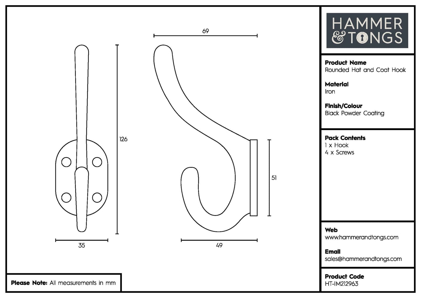 35mm x 125mm Black Rounded Hat & Coat Hook