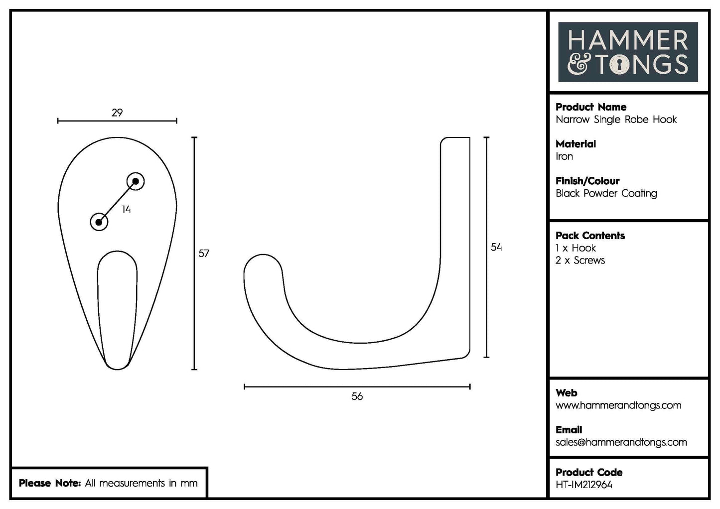 30mm x 55mm Black Narrow Single Robe Hook