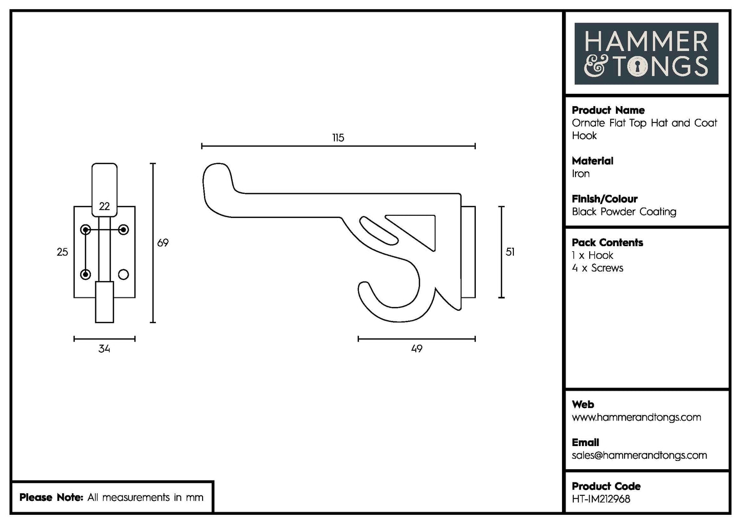 35mm x 70mm Black Ornate Flat Top Hat & Coat Hook