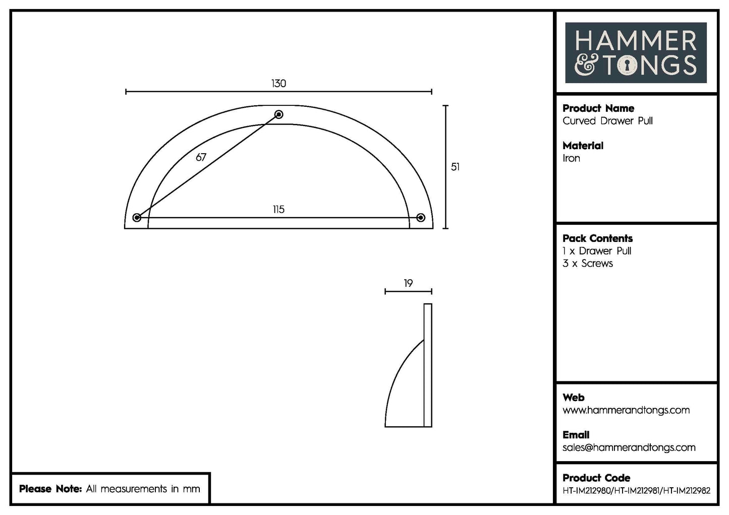 130mm x 50mm Curved Cabinet Cup Handle