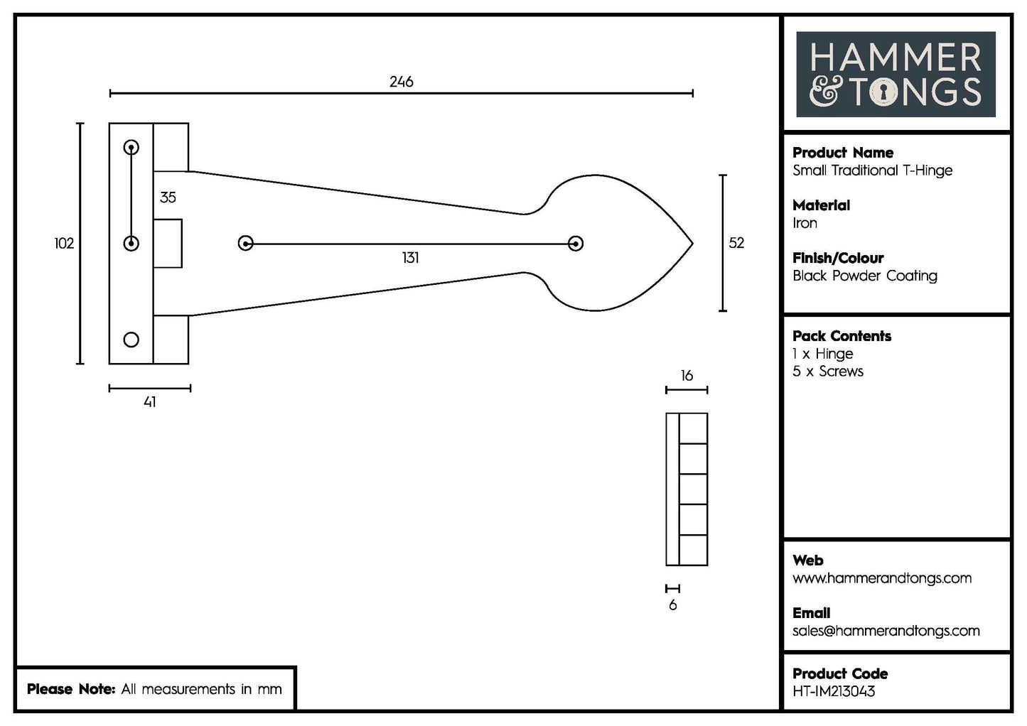 245mm Black Traditional T-Hinge