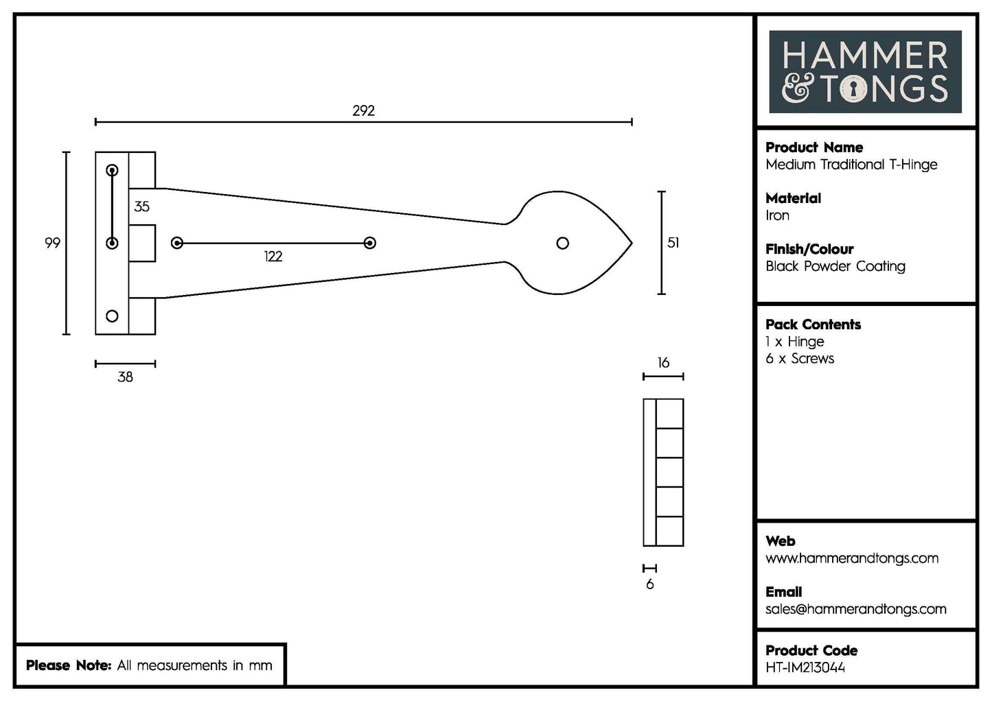 290mm Black Traditional T-Hinge