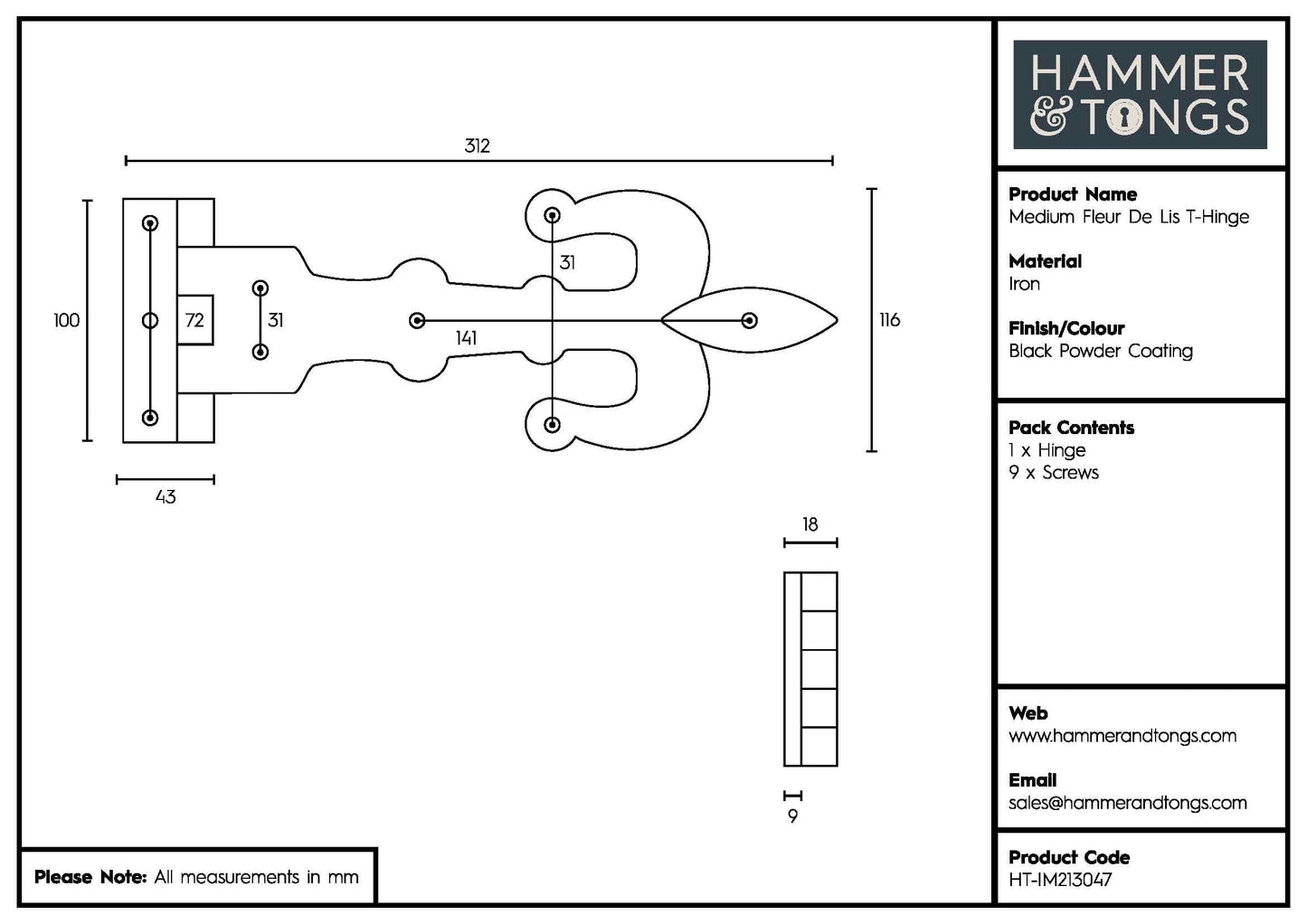310mm Black Fleur De Lis T-Hinge