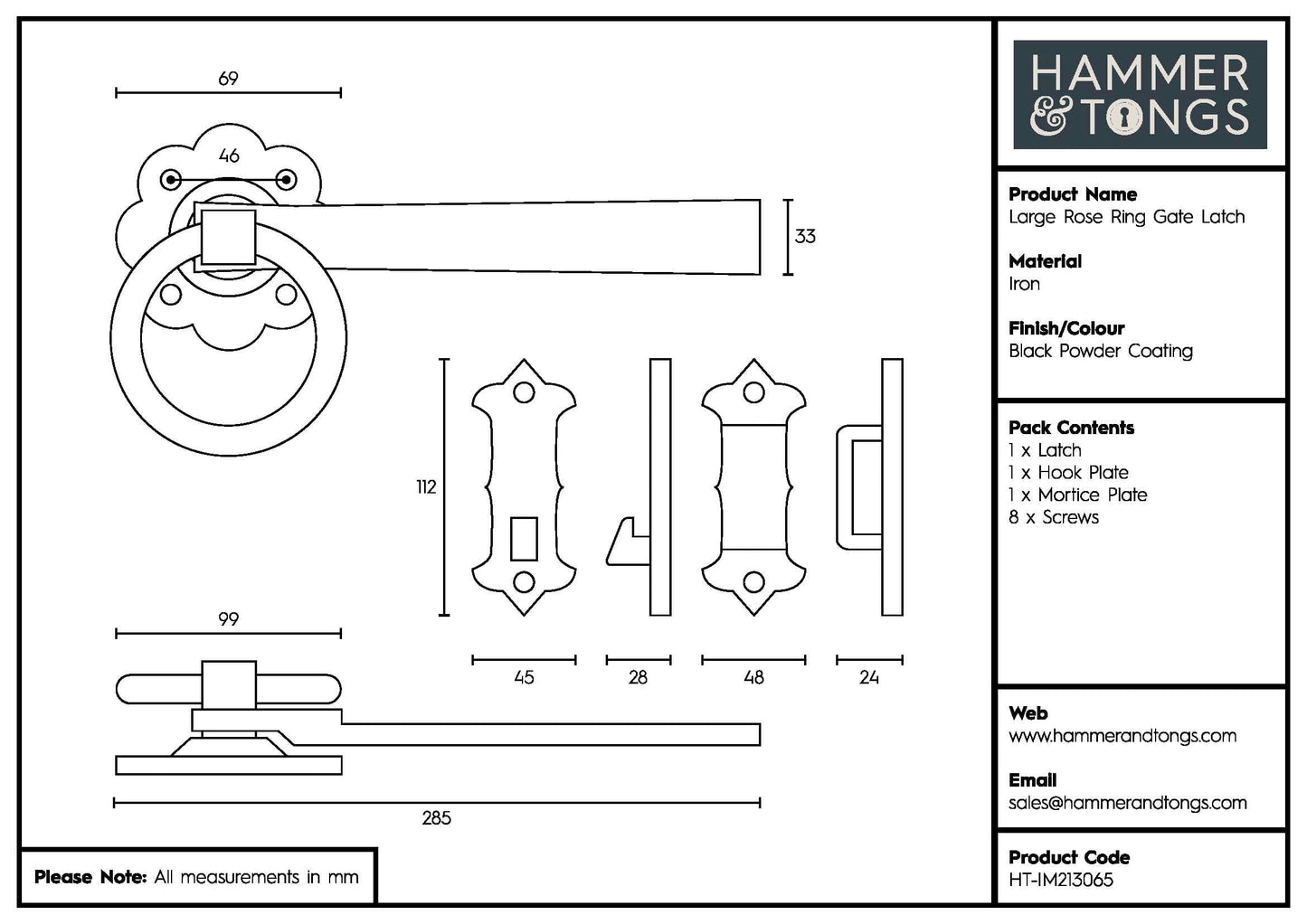 285mm Black Rose Ring Gate Latch