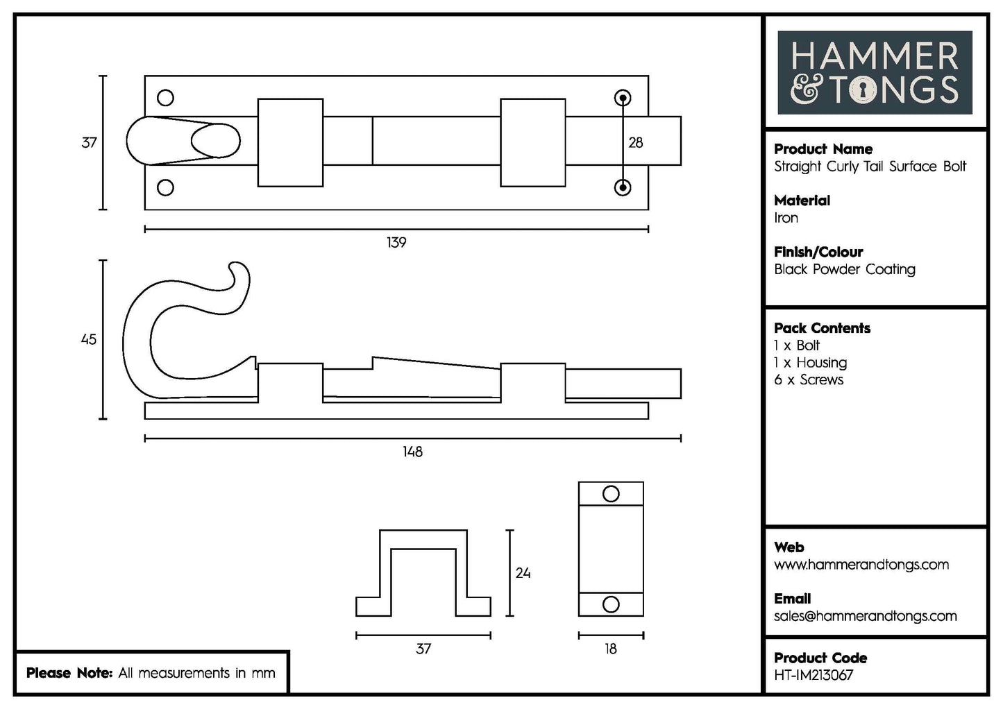 140mm Black Straight Shepherd's Crook Surface Bolt