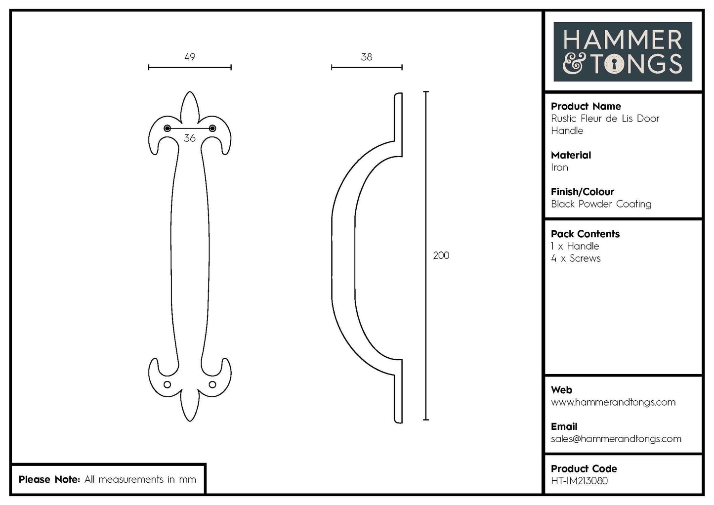 200mm Black Rustic Fleur De Lis Door Handle