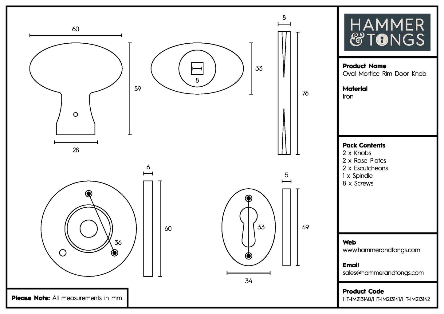 60mm Oval Rim & Mortice Door Knob