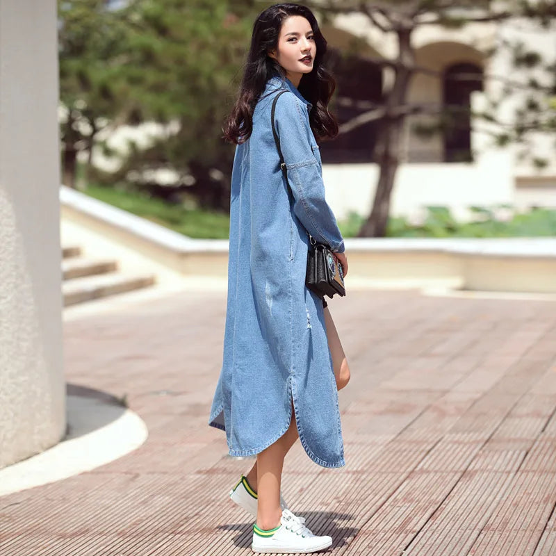 Plus Size 2017 New Spring Md-Long Streetwear Denim Trench Coat For Women Hollow Long Blue windbreaker Outerwear Casaco Feminino