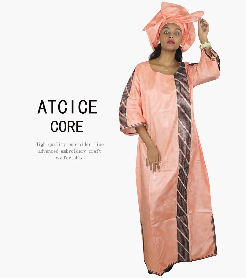 African Bazin Riche Embroidery  For Women Long Dress With Scarf