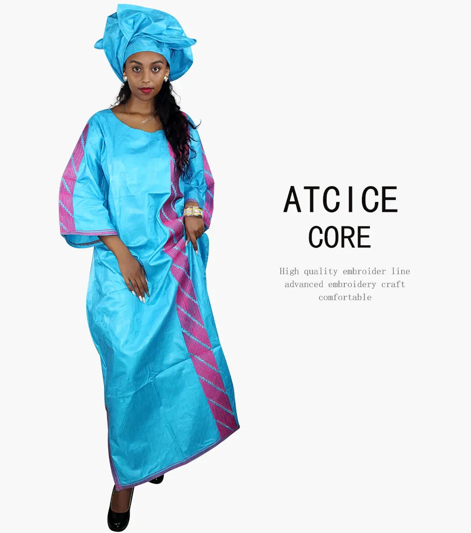 African Bazin Riche Embroidery  For Women Long Dress With Scarf