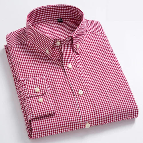 Men's 100% Cotton Standard-Fit Long-Sleeve Casual Checked Shirt Single Patch Pocket Button-down Collar