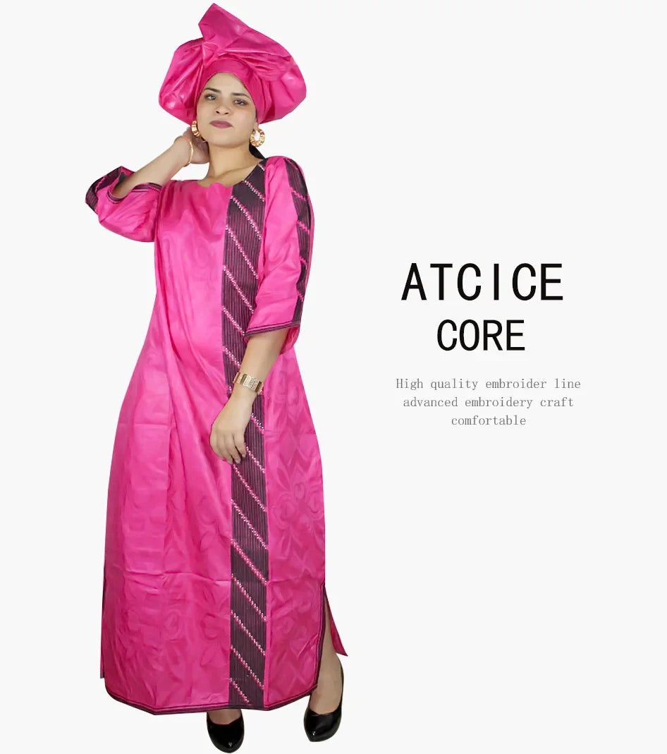 African Bazin Riche Embroidery  For Women Long Dress With Scarf