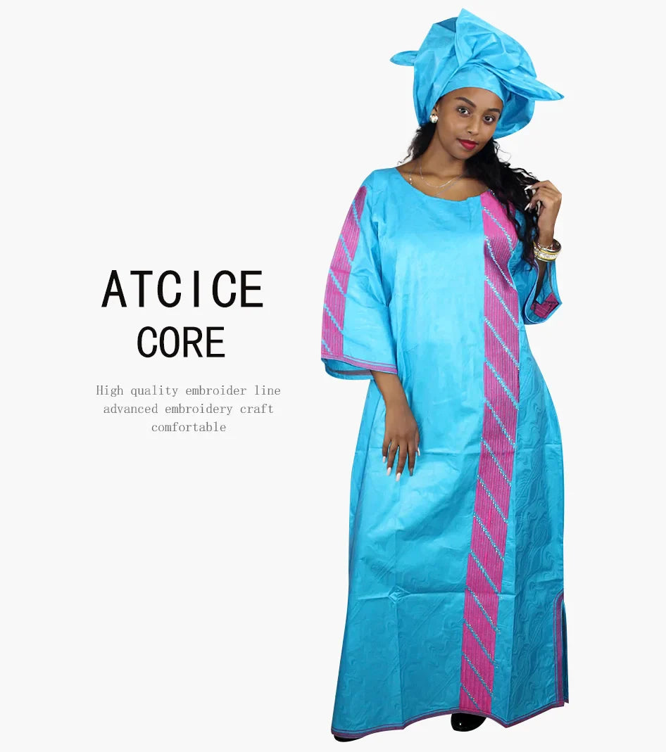 African Bazin Riche Embroidery  For Women Long Dress With Scarf
