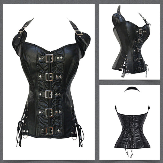 Women Vest Waist Cincher Corsets Faux Leather Bustier Steampunk Corset Boned Corselet Overbust Lace Up